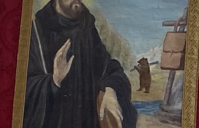 Bild des heiligen Gallus auf der Sankt Gallener Wallfahrtsfahne